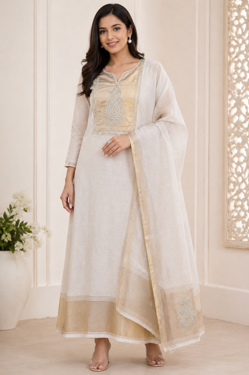Designer Off-White Cotton Tissue Anarkali Suit with Dupatta