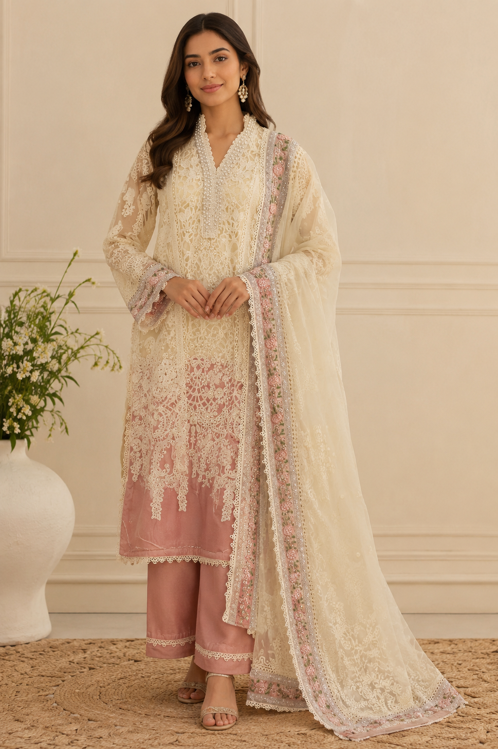 Original Pakistani Designer Embroidered Suit Set with Dupatta