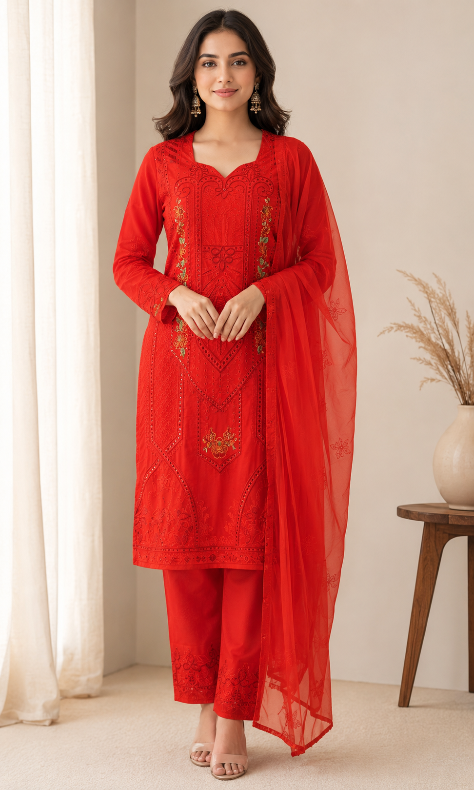 Original Pakistani Red Embroidered Suit Set with Net Dupatta