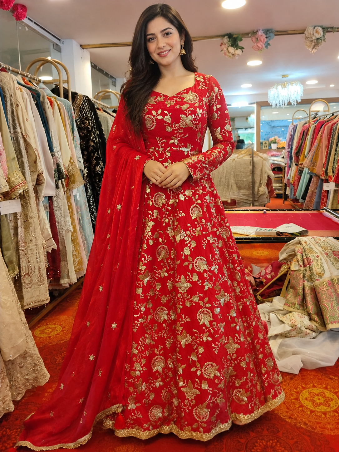 Party Wear Designer Red Embroidered Gown with Matching Dupatta