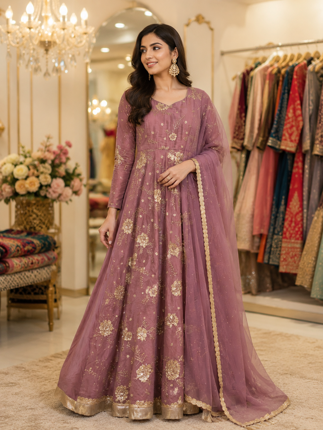 Lavender Party Wear Designer Embroidered Gown with Net Dupatta