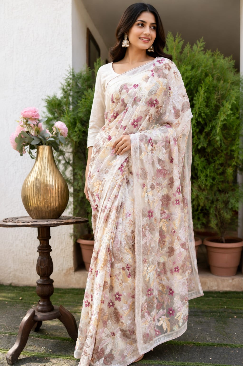 Elegant Floral Embroidered Organza Saree with Blouse Piece | Women's Designer Saree